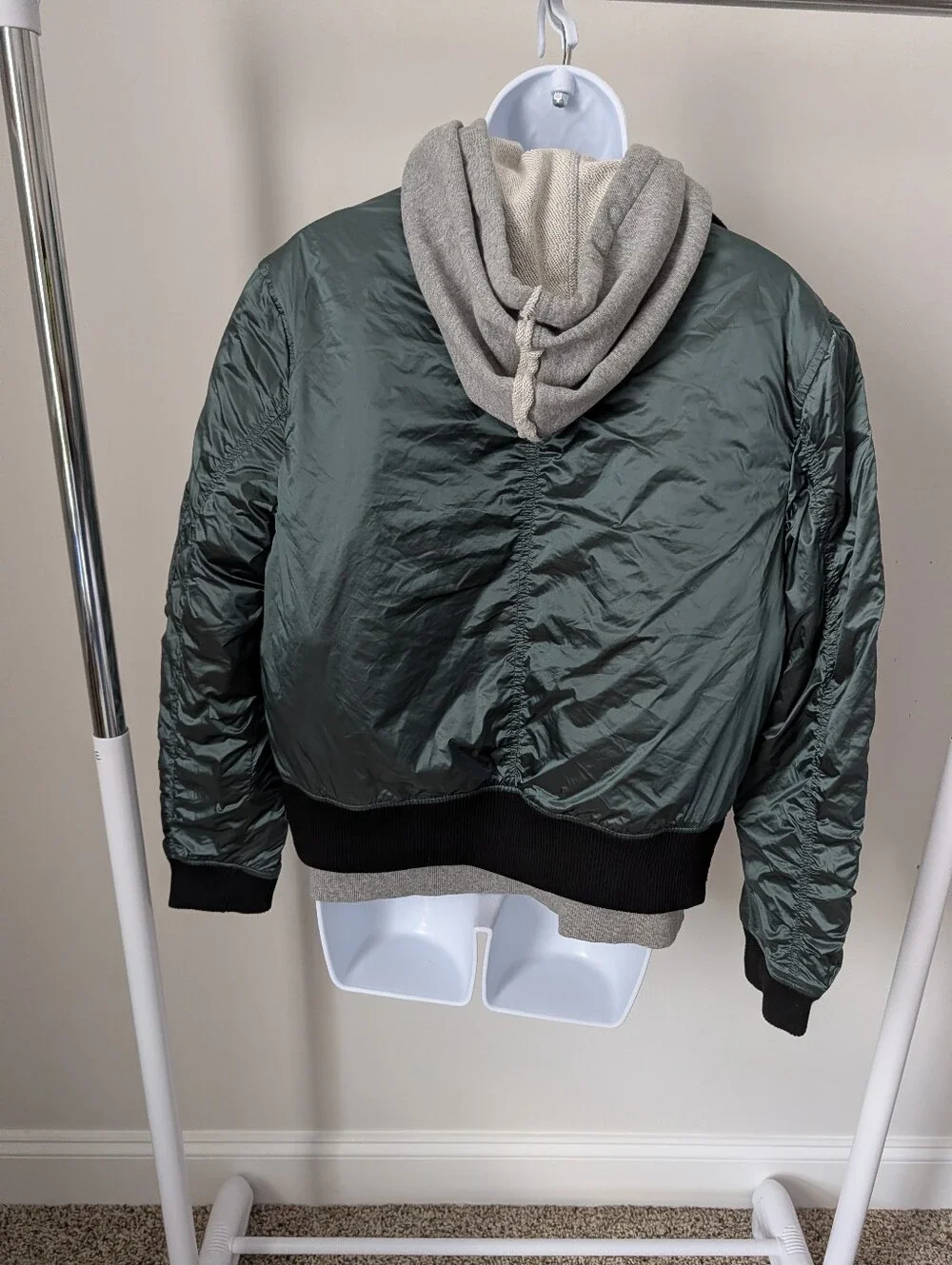 Men's Quilted Bomber Jacket in Deep Green with Grey Hoodie Layer